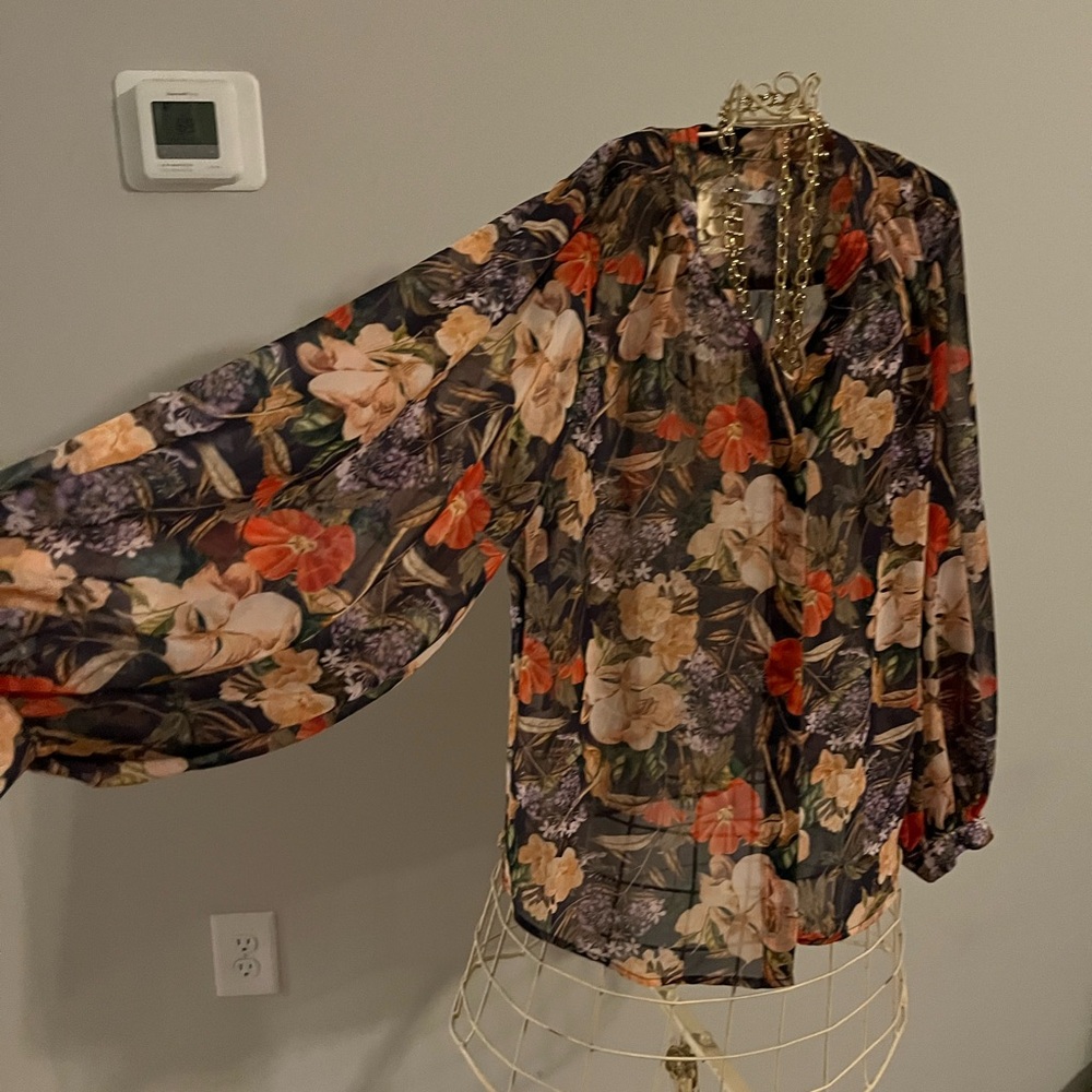 Chico's Orange and Red Floral Blouse with Relaxed Sleeves